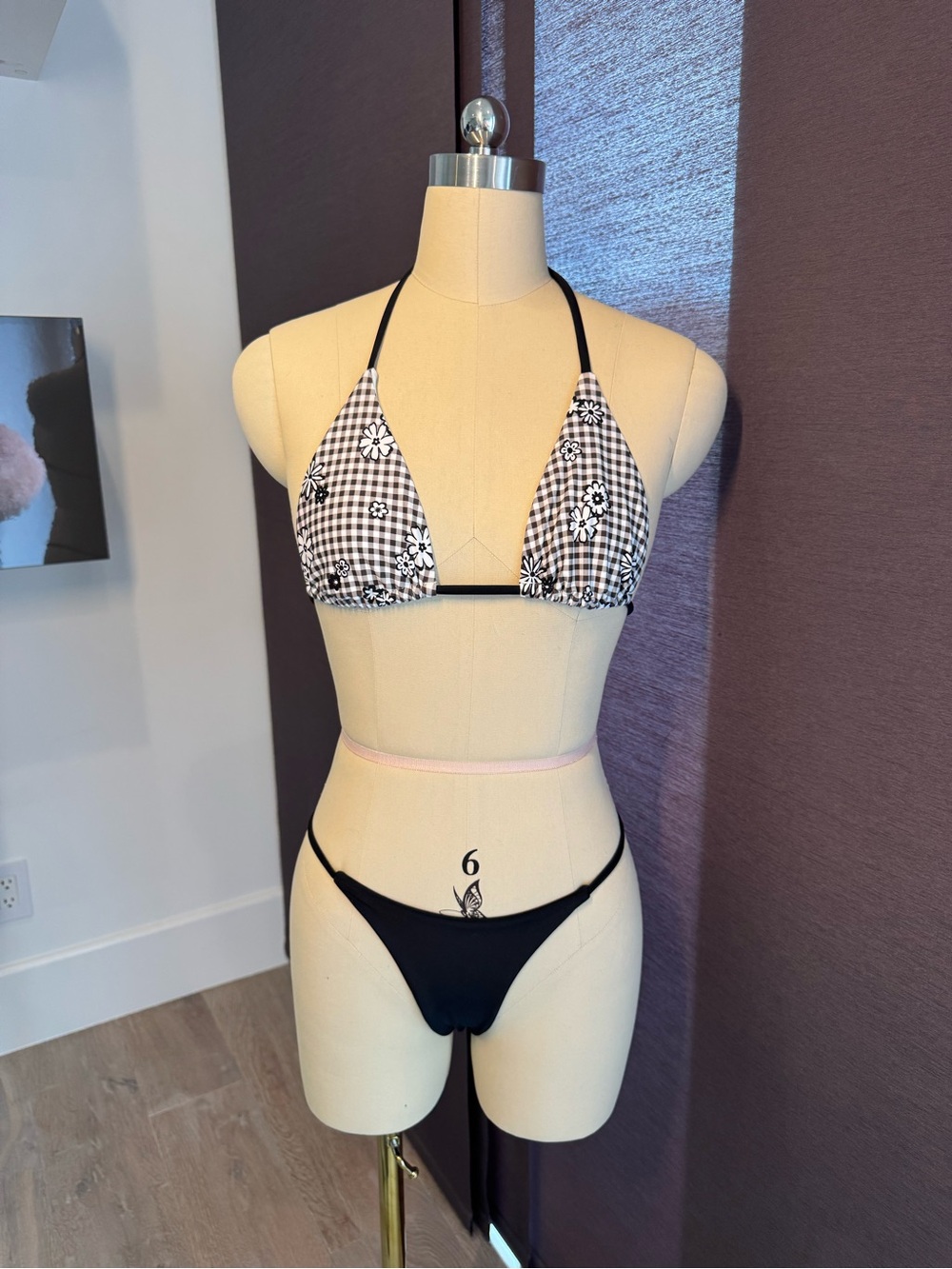 PacSun Black & White Gingham Floral Triangle Bikini Set